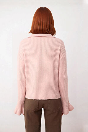 Kadın Regular Kalıp Apaş Yaka Düz Desen Volanlı Kol Triko Kazak Kışlık Zarif Kombinler Kaliteli