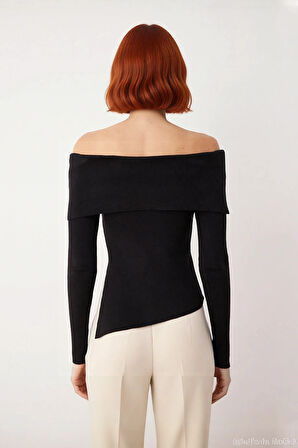 Kadın Fitted Carmen Yaka Düz İnce Triko Bluz Uzun Standart Kol Şık Tasarım Günlük Ve Gece Kombinleri