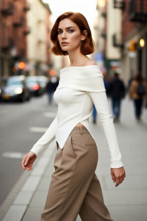 Kadın Fitted Carmen Yaka Düz İnce Triko Bluz Uzun Standart Kol Şık Tasarım Günlük Ve Gece Kombinleri