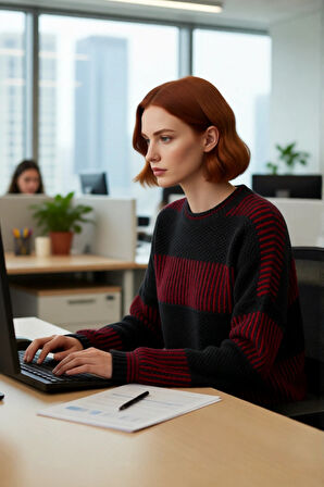 Kadın Rahat Kalıp Düşük Kol Bisiklet Yaka Renk Bloklu Akrilik Triko Kazak Günlük Kullanım Şıklığı.