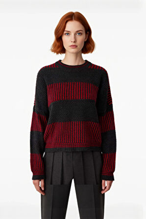 Kadın Rahat Kalıp Düşük Kol Bisiklet Yaka Renk Bloklu Akrilik Triko Kazak Günlük Kullanım Şıklığı.