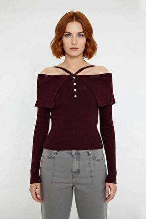 Kadın Şık Carmen Yaka Uzun Kollu Fitted Kesim Fitilli Triko Kazak İlkbahar Sonbahar Stili İçin İdeal