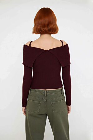 Kadın Şık Carmen Yaka Uzun Kollu Fitted Kesim Fitilli Triko Kazak İlkbahar Sonbahar Stili İçin İdeal