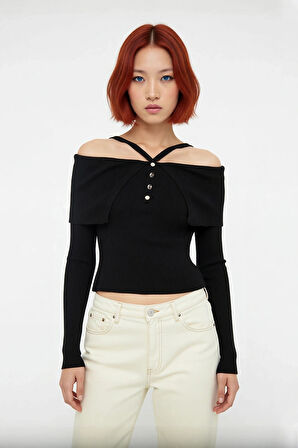 Kadın Şık Carmen Yaka Uzun Kollu Fitted Kesim Fitilli Triko Kazak İlkbahar Sonbahar Stili İçin İdeal