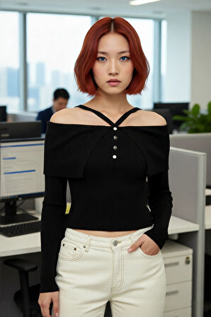 Kadın Şık Carmen Yaka Uzun Kollu Fitted Kesim Fitilli Triko Kazak İlkbahar Sonbahar Stili İçin İdeal