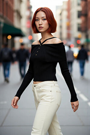 Kadın Şık Carmen Yaka Uzun Kollu Fitted Kesim Fitilli Triko Kazak İlkbahar Sonbahar Stili İçin İdeal