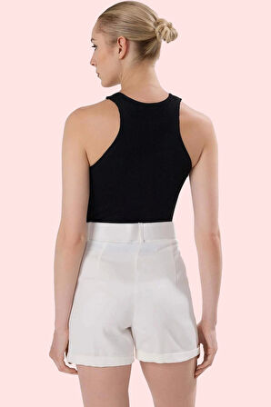 Kadın Pamuk Gabardin Straight Şort; Yüksek Bel Çift Cep Kısa Boy Günlük Kombinler Hafta Sonu