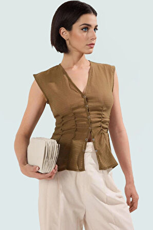 Dokuma Viskoz Bluz V Yaka Fitted Kolsuz Yazlık Rahat Yüksek Kalite Dayanıklı Malzeme