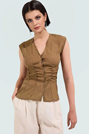 Dokuma Viskoz Bluz V Yaka Fitted Kolsuz Yazlık Rahat Yüksek Kalite Dayanıklı Malzeme