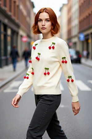 Kadın Akrilik Triko Bisiklet Yaka Nakışlı Uzun Kollu Regular Kazak Kış Günleri İçin Konforlu Stil