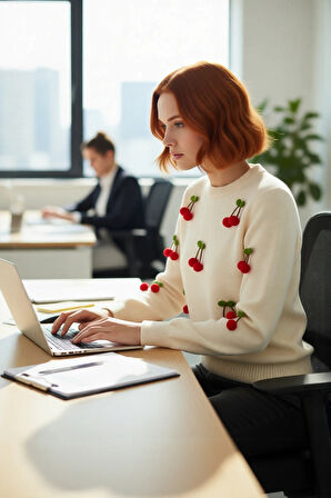 Kadın Akrilik Triko Bisiklet Yaka Nakışlı Uzun Kollu Regular Kazak Kış Günleri İçin Konforlu Stil