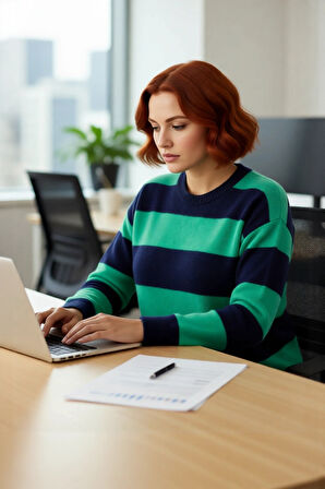 Kadın Rahat Kesim Çizgili Bisiklet Yaka Triko Kazak Uzun Kollu Soğuk Hava İçin İdeal Kaliteli