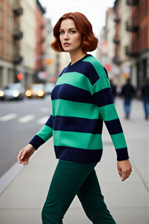 Kadın Rahat Kesim Çizgili Bisiklet Yaka Triko Kazak Uzun Kollu Soğuk Hava İçin İdeal Kaliteli