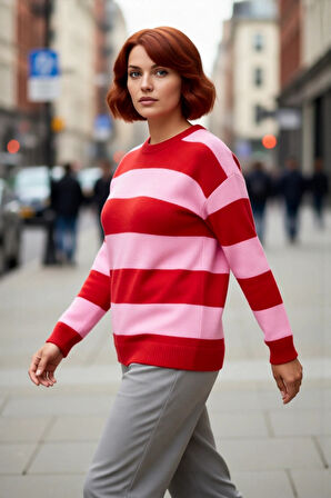 Kadın Rahat Kesim Çizgili Bisiklet Yaka Triko Kazak Uzun Kollu Soğuk Hava İçin İdeal Kaliteli