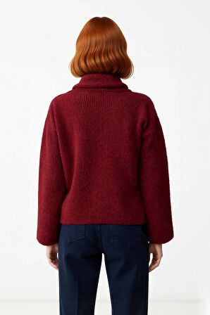 Kadın Kış Sezonu Regular Kalıp Şal Yaka Düşük Kol Kalın Crop Triko Kazak Günlük Rahat Stil