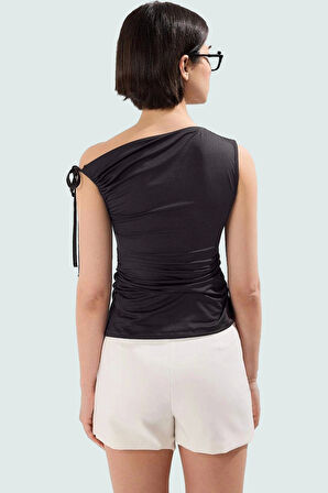 Yazlık Kolsuz Bluz Fitted %100 Polyester Asimetrik Yaka Günlük Stil Modern