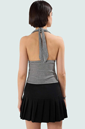 Fitted Örme Bluz Boyundan Bağlamalı Kareli Yazlık Rahat Trend Tasarım Mükemmel Uyum