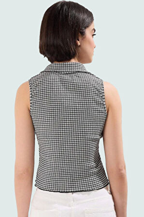 Kadın Kolsuz Fitted Örme Bluz Ekose Günlük Kombinler Kullanım İçin Özel Tasarım