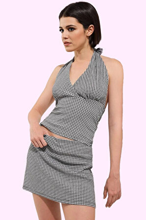 Kadın Slim Fit Kareli Mini Örme Etek Şort Detaylı Rahat Yazlık Günlük Kullanım Özel Günler