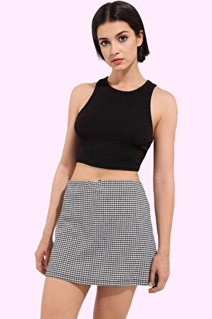 Kadın Slim Fit Kareli Mini Örme Etek Şort Detaylı Rahat Yazlık Günlük Kullanım Özel Günler