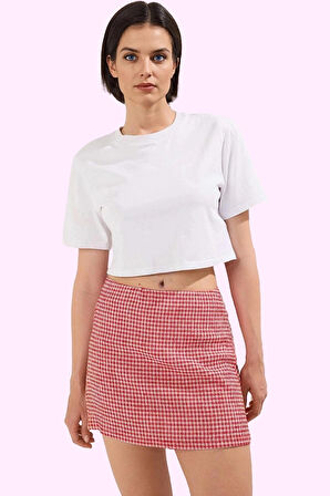 Kadın Slim Fit Kareli Mini Örme Etek Şort Detaylı Rahat Yazlık Günlük Kullanım Özel Günler