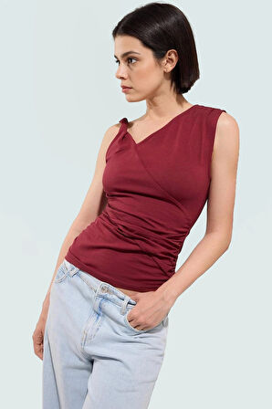 Pamuklu Elastanlı Bluz Asimetrik Yaka Büzgü Detay Rahat Kalıp Dayanıklı Malzeme