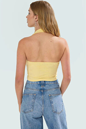 Fitted Kalıp Viskoz Ribana Crop Bluz Boyundan Bağlamalı Yaka Günlük Stil