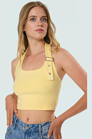 Fitted Kalıp Viskoz Ribana Crop Bluz Boyundan Bağlamalı Yaka Günlük Stil