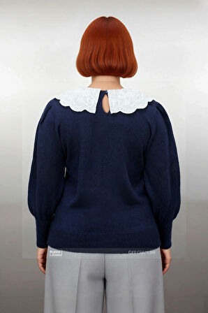 Kadın Düz Lacivert Triko Kazak Dantel Gömlek Yaka Detaylı Uzun Kollu Kış Gardırobunuzun Vazgeçilmezi