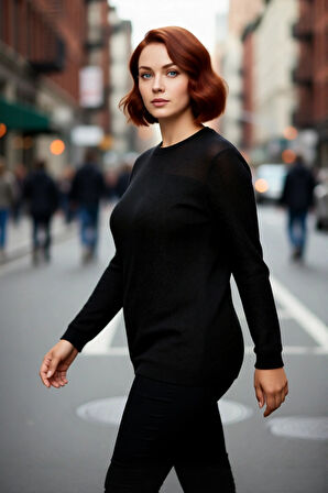 Kadın Fitilli Dokuma Fitted Kalıp Uzun Kol Bisiklet Yaka İnce Triko Kazak Modern Şıklık Sunar