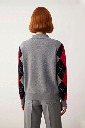 Kadın Soğuk Havaların Gözdesi Baklava Desenli Polo Yaka Triko Kazak Konforlu ve Şık Kaliteli