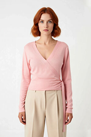 Kadın Pembe Kruvaze Yaka Crop Triko Kazak Günlük Kullanım İçin İnce Yapılı Uzun Kollu Rahat Stil