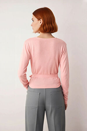 Kadın Pembe Kruvaze Yaka Crop Triko Kazak Günlük Kullanım İçin İnce Yapılı Uzun Kollu Rahat Stil