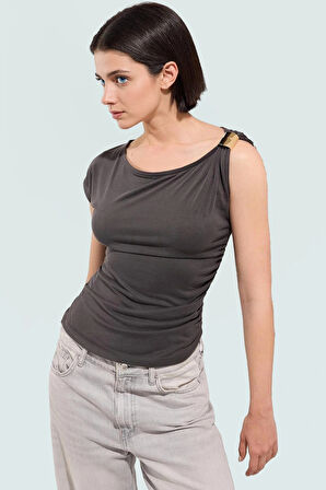 100 Modal Premium Örme Bluz Aksesuarlı Asimetrik Yaka Rahat Günlük Modern Stil