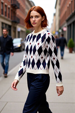 Kadın Bisiklet Yaka Baklava Desenli Simli Triko Kazak Kış Sezonu İçin Sıcak ve Şık Bir Tercih