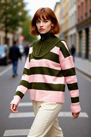 Kadın Oversize Dik Yaka Fermuarlı Çizgili Kalın Triko Kazak Kış Günleri İçin Konforlu Stil