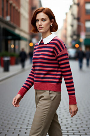 Kadın Renk Bloklu Kalın Triko Kazak Kış Sezonu İçin Çıkarılabilir Yaka Düşük Kol Rahat Giyim