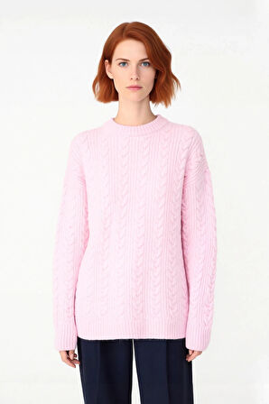 Kadın Geniş Kalıp Saç Örgü Detaylı Bisiklet Yaka Kalın Triko Kazak Günlük Şıklığınız İçin Kış