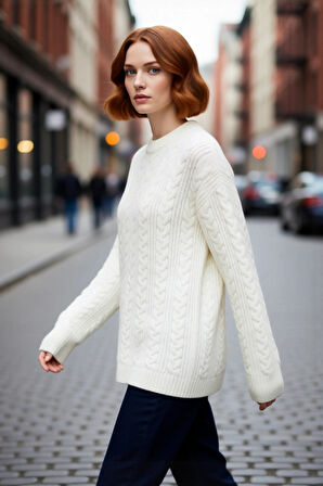 Kadın Geniş Kalıp Saç Örgü Detaylı Bisiklet Yaka Kalın Triko Kazak Günlük Şıklığınız İçin Kış