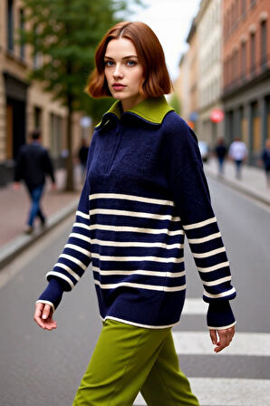 Kadın Geniş Kalıp Çizgili Yarım Fermuarlı Triko Kazak Düşük Kollu Kış Şıklığı Kaliteli Şık