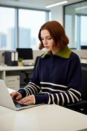 Kadın Geniş Kalıp Çizgili Yarım Fermuarlı Triko Kazak Düşük Kollu Kış Şıklığı Kaliteli Şık