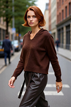 Kadın Düşük Kollu Kahverengi Oversize Triko Kazak Kapüşonlu V Yaka Detaylı Rahat Şıklık Kaliteli