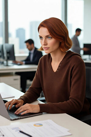 Kadın Düşük Kollu Kahverengi Oversize Triko Kazak Kapüşonlu V Yaka Detaylı Rahat Şıklık Kaliteli