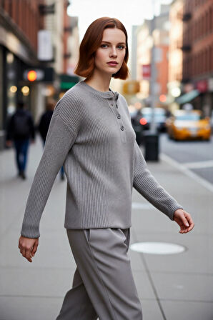 Şık Kadın Düğmeli Bisiklet Yaka Oversize Kalıp Triko Kazak Günlük Kombinleriniz İçin Konforlu Seçim