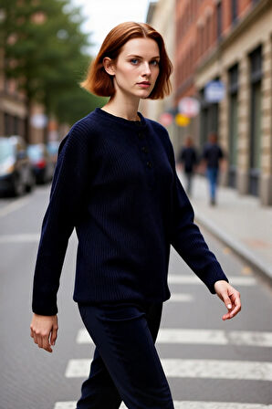 Şık Kadın Düğmeli Bisiklet Yaka Oversize Kalıp Triko Kazak Günlük Kombinleriniz İçin Konforlu Seçim