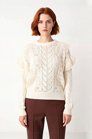 Kadın Regular Kalıp Dantelli İşlemeli Bisiklet Yaka Uzun Kollu Triko Kazak Casual Tarz Kaliteli