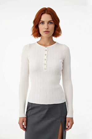 Kadınlara Özel İnce Fitted Triko Bisiklet Yaka Uzun Kollu Fitilli Kazak Günlük Rahatlık Sunar