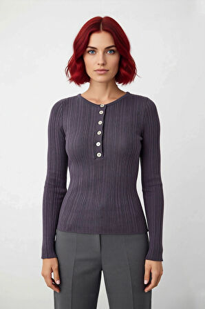 Kadınlara Özel İnce Fitted Triko Bisiklet Yaka Uzun Kollu Fitilli Kazak Günlük Rahatlık Sunar