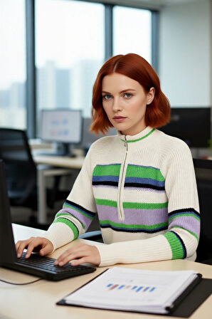 Genç Kadın Reglan Kol Regular Kalıp Renk Bloklu Fermuarlı Crop Kesim Kışlık Triko Kazak Kaliteli