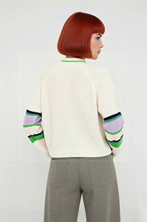 Genç Kadın Reglan Kol Regular Kalıp Renk Bloklu Fermuarlı Crop Kesim Kışlık Triko Kazak Kaliteli